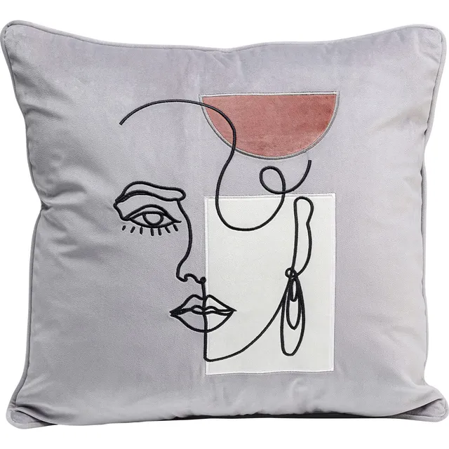 kare-design-kissen-mademoiselle-45x45-cm-hellgrau-mit-linienzeichnung image 1