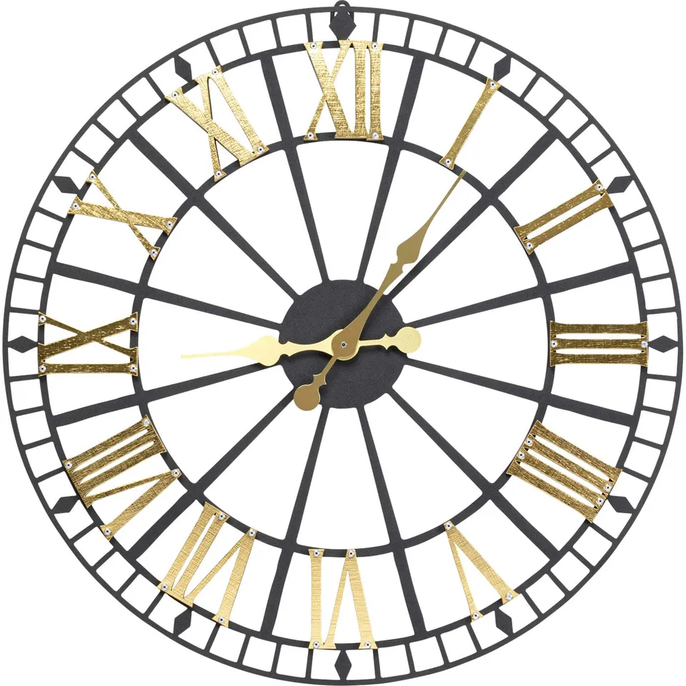 kare-design-wanduhr-station-schwarz-gold-64-cm-metall-quarzuhr image 1