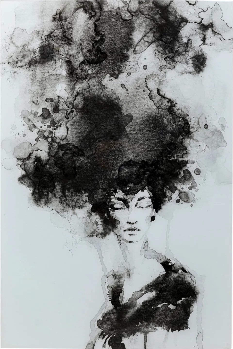 kare-design-glasbild-smokey-hair-schwarz-wei-150x100cm-wandbild-aus-glas image 1