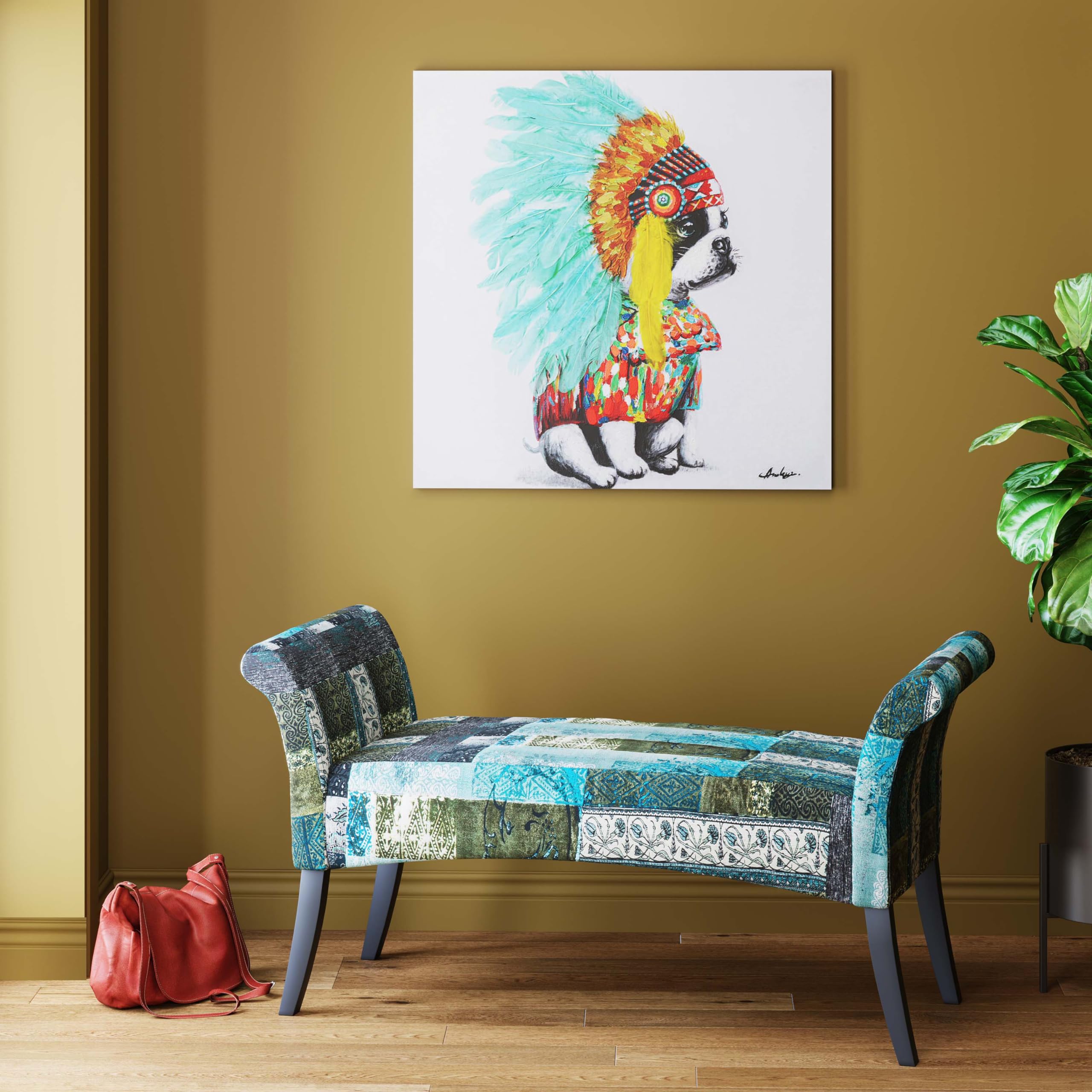 kare-design-headdress-dog-leinwandbild-80x80-cm-hund-mit-federschmuck image 2