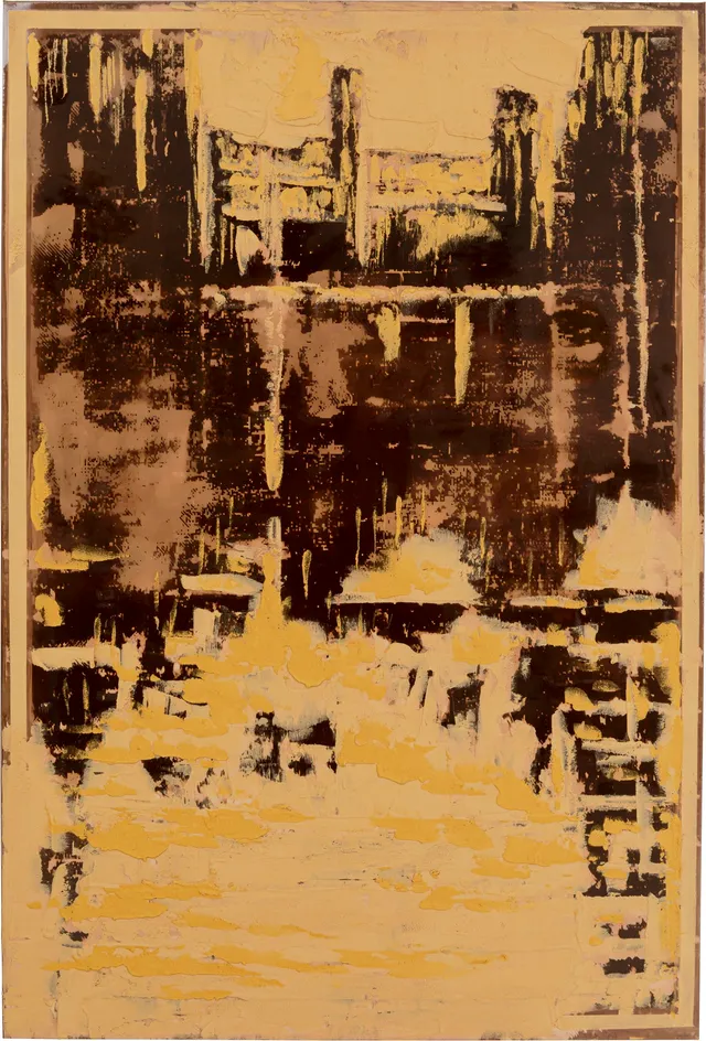 kare-design-golden-hour-leinwandbild-75x55-cm-gold-schwarz-stadt-motiv image 1