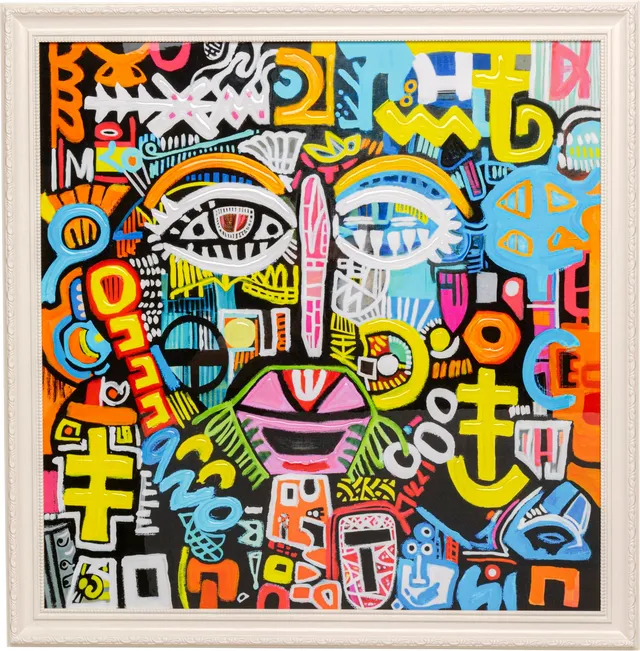 kare-design-leinwandbild-doodle-face-mehrfarbig-80x80-cm-mit-rahmen image 1
