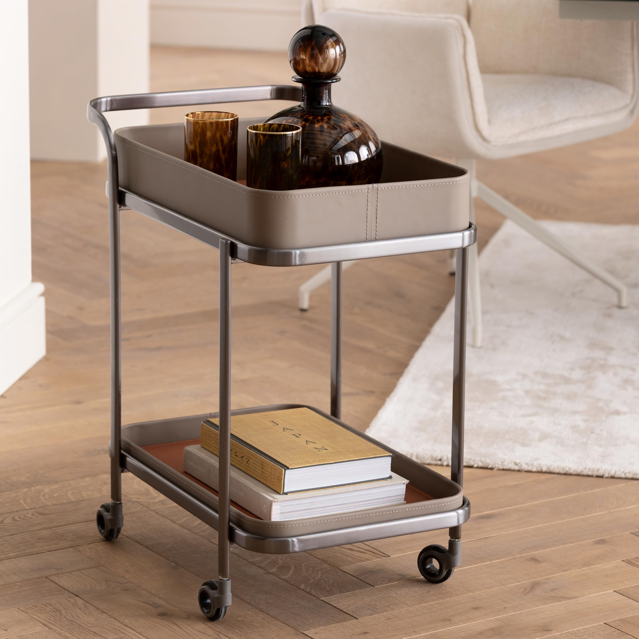 kare-design-tango-servierwagen-silber-beige-barwagen-auf-rollen-mit-zwei-ablagen image 2