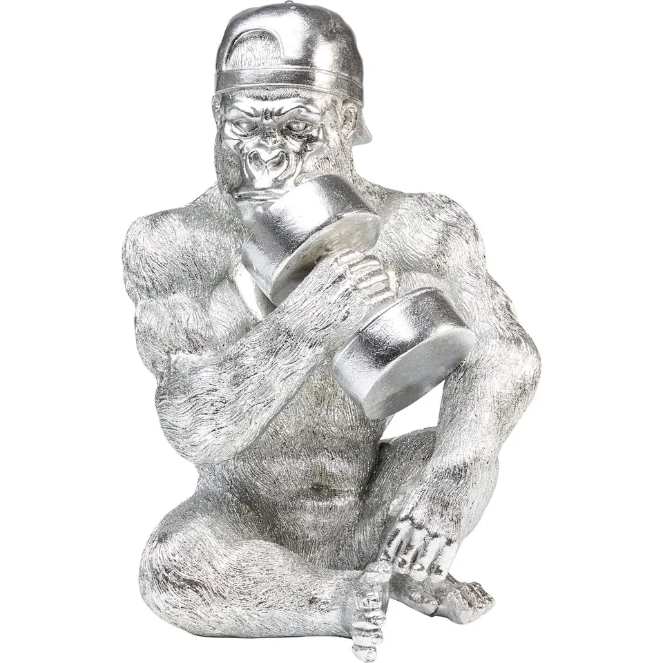 kare-design-muscle-monkey-deko-figur-silber-31-cm-gorilla-mit-hantel image 1