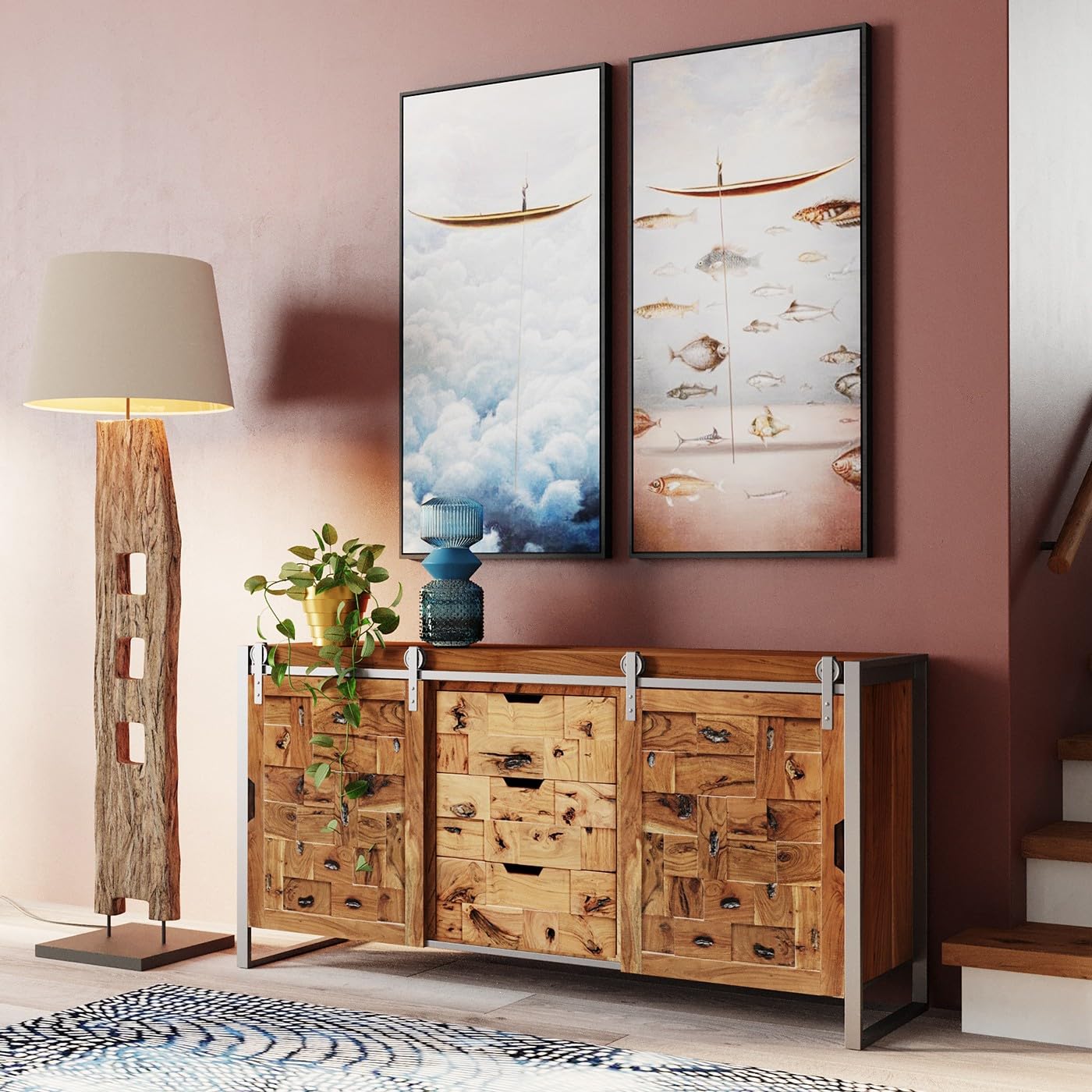 kare-design-bild-cloud-fisherman-boat-120x60x3-5-cm-blau-rosa-mit-massivholz-rah image 6