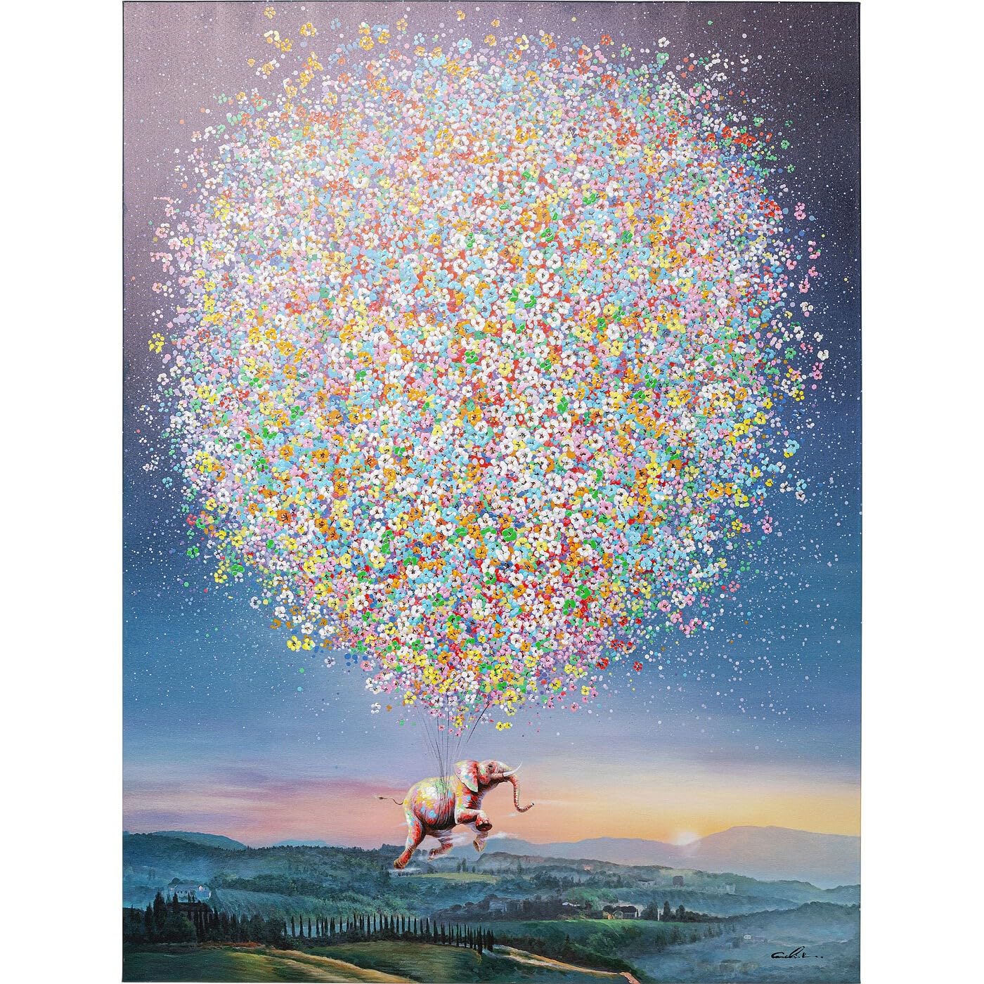 kare-design-flying-elephant-at-night-leinwandbild-mit-rahmen-blau-160x120x3-5-cm image 1