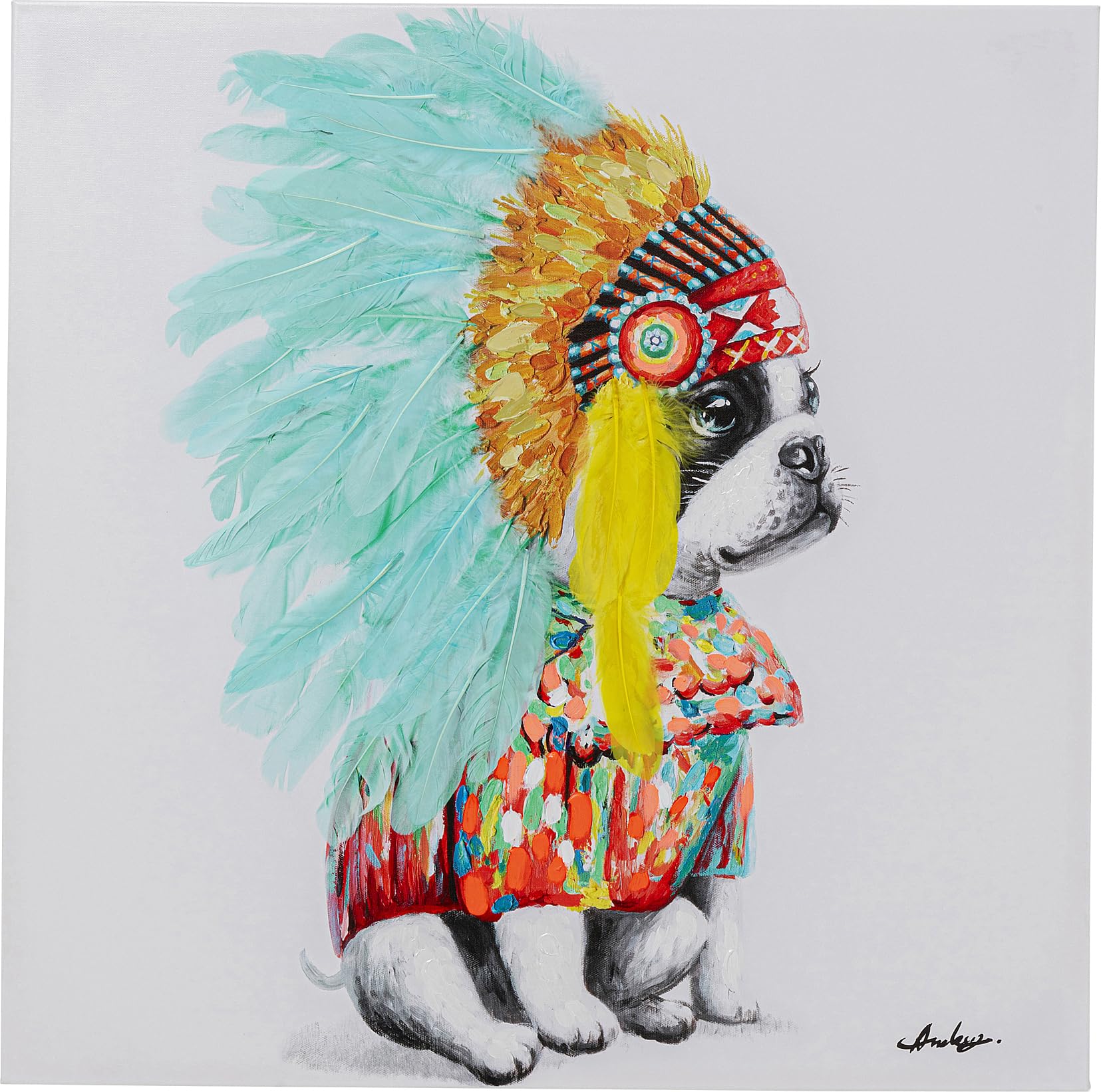 kare-design-headdress-dog-leinwandbild-80x80-cm-hund-mit-federschmuck image 1