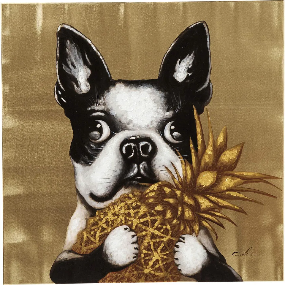 kare-design-bild-touched-dog-with-pineapple-gold-80x80x4-cm image 1