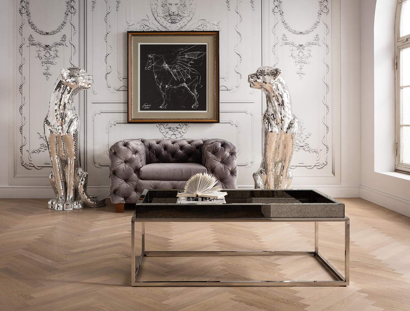 kare-design-welcome-panther-links-xl-silber-mosaik-dekofigur-150x68x55-cm image 2
