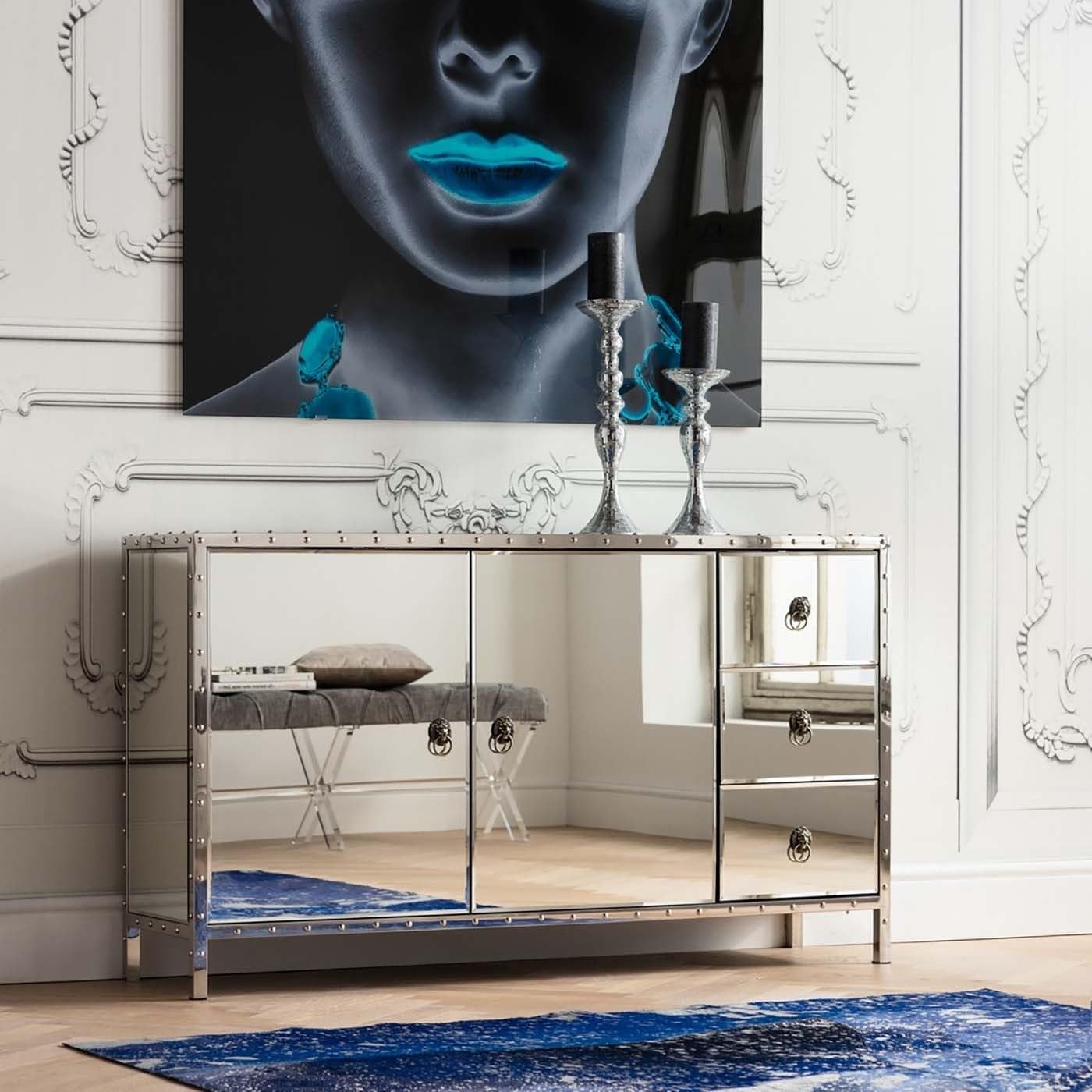 kare-design-sideboard-rivet-140-cm-verspiegelte-kommode-mit-nieten-und-l-wenkopf image 2