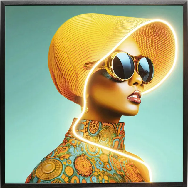 kare-design-wandbild-led-sun-hat-woman-80x80-cm-beleuchtetes-glasbild-gelb-mehrf image 1