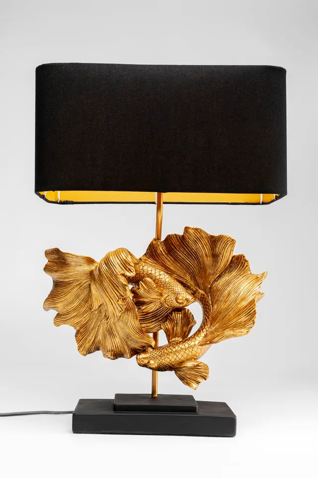 kare-design-tischleuchte-betta-fish-gold-schwarz-e27-leinen-schirm image 1