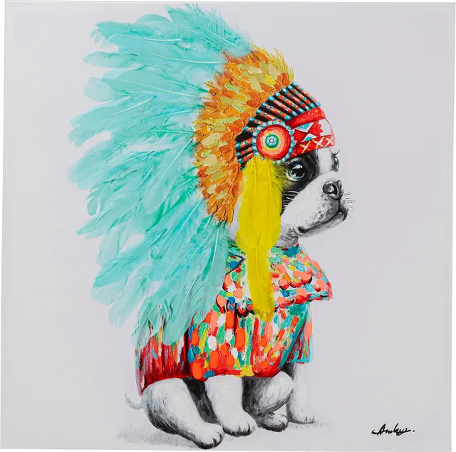 kare-design-headdress-dog-leinwandbild-80x80-cm-hund-mit-federschmuck image 1